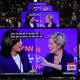 Sen. Kamala Harris (D-CA) and Sen. Elizabeth Warren (D-MA) appear on television screens in the Media Center as they go back and forth during the Democratic Presidential Debate at Otterbein University on October 15, 2019, in Westerville, Ohio.
